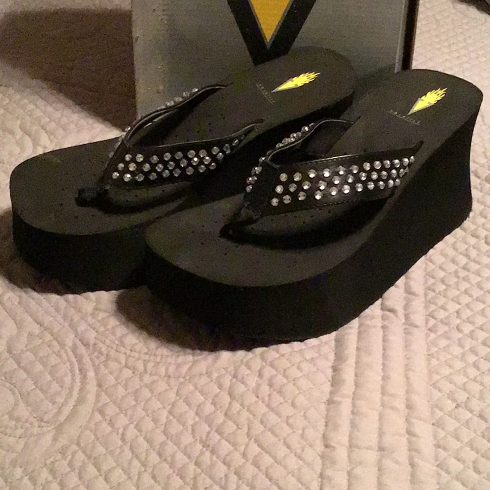 Volatile platform wedge black Rhinestone Flip Flops